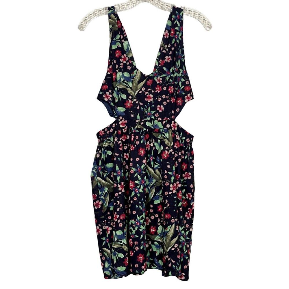 ZARA V Neck Sleeveless Flower Mini Dress Cutout Sides Zip Up Back M Blue #3309